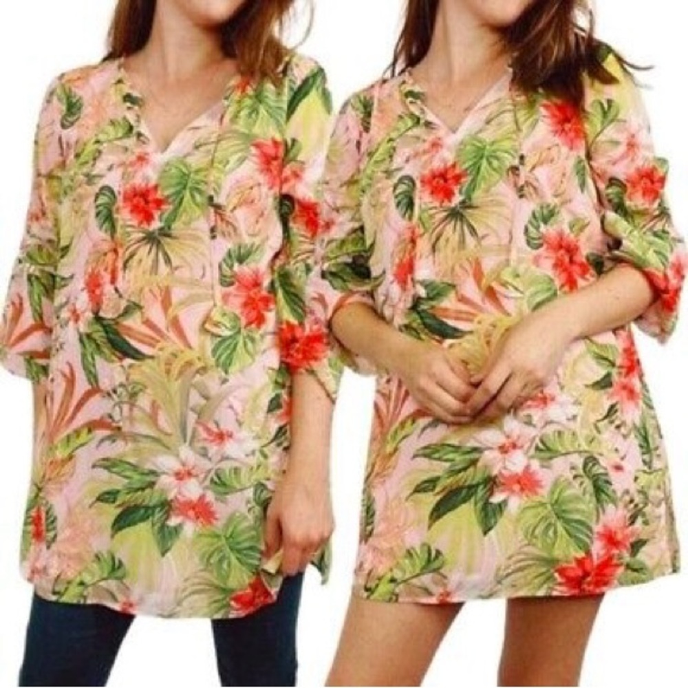 J. Jill Pink Tropical Floral Tunic with Green Leaves